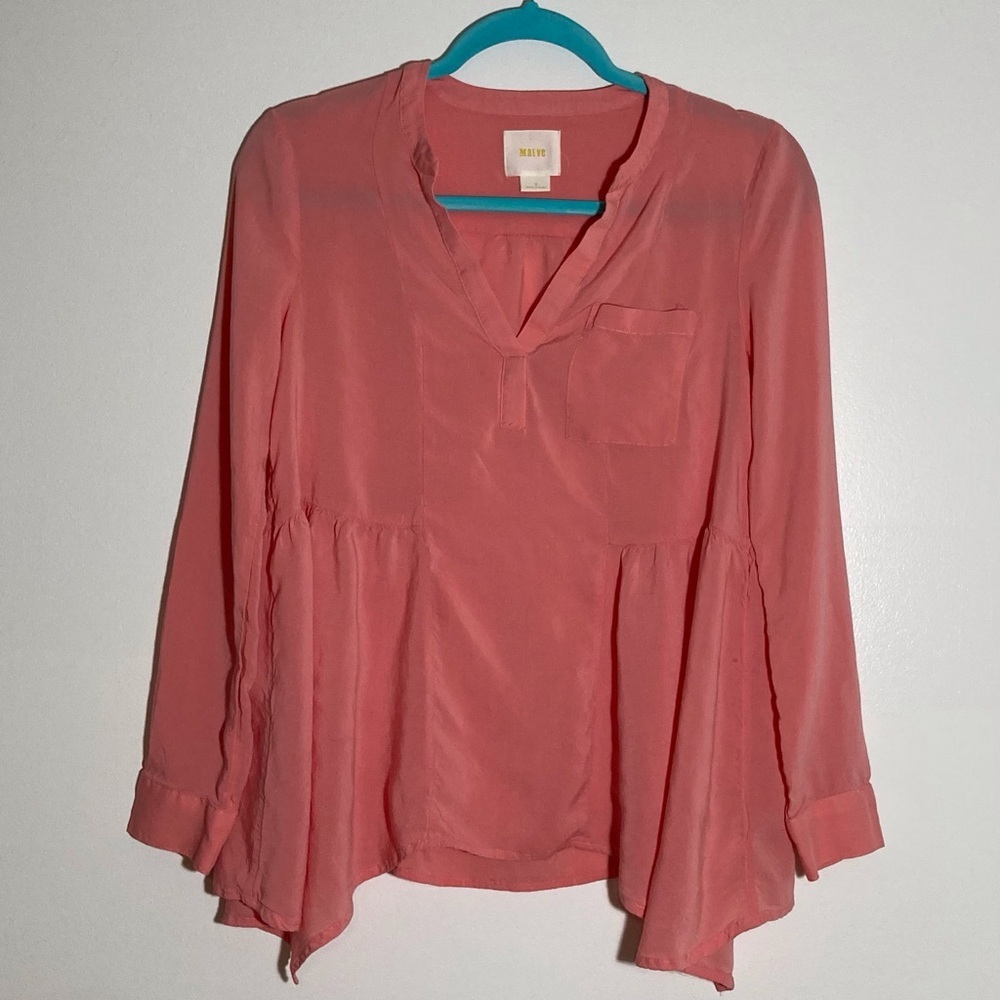 Anthropologie Maeve Coral Handkerchief Hem Blouse with Long Sleeves‎